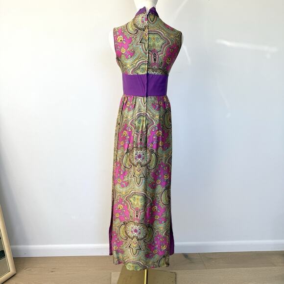 Vintage 60’s Paisley High Neck Psychedelic Maxi Dress Top Party Funky Mod - Picture 2 of 10